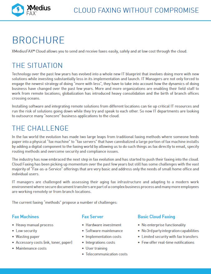 Xmmedius Cloud Fax Brochure Cover, XMedius Fax, IT Business Solutions, Rockwood, PA, Pennsylvania, Xerox, HP, Dealer, Agent, Reseller